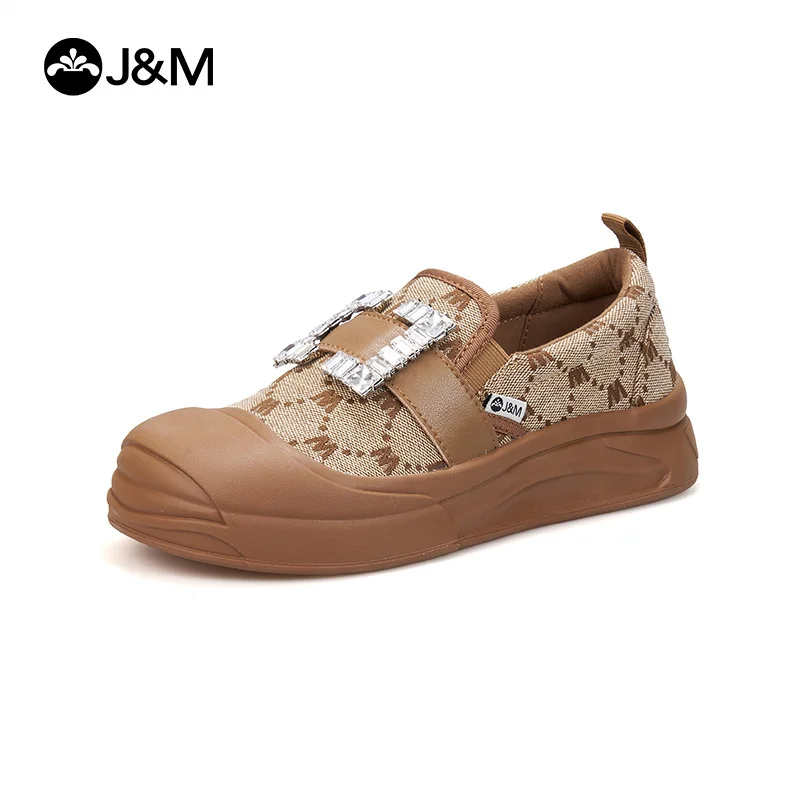 

J&M Women Loafers Fashion Rhinestone 4cm Platforms Lady Summer Shoes Slip-on Green Brown Letters Sneakers Walking Casual Shoes