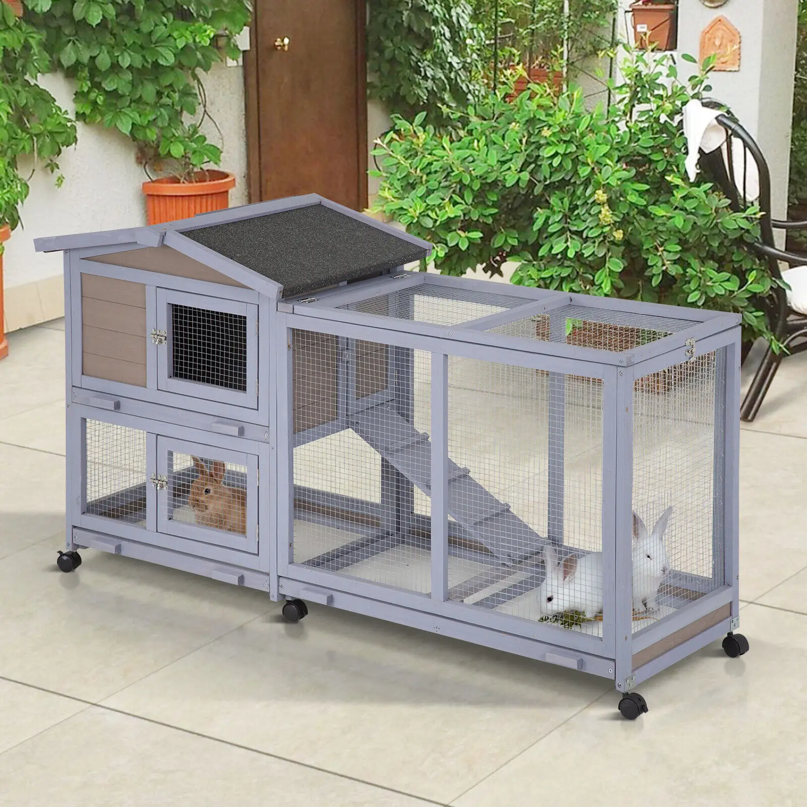 US Large Rabbit Cage with Wheels and Trays, Inside and Outside, Guinea Pig Cage