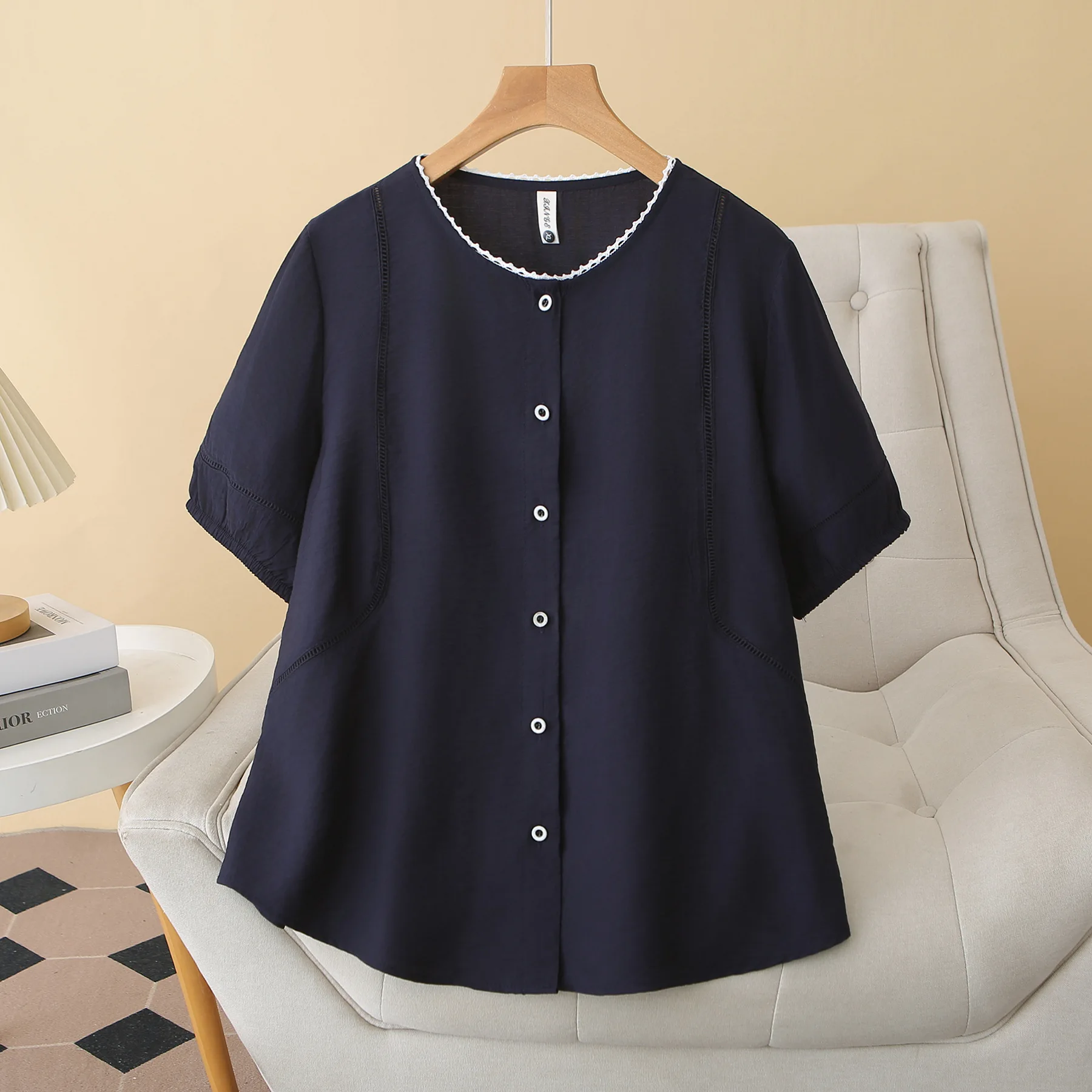 

2026 Summer Plus Size Hollow Spliced Lace Collar Open Blouse Short Sleeve Versatile Daily Shirt Curvy Ladies 2615