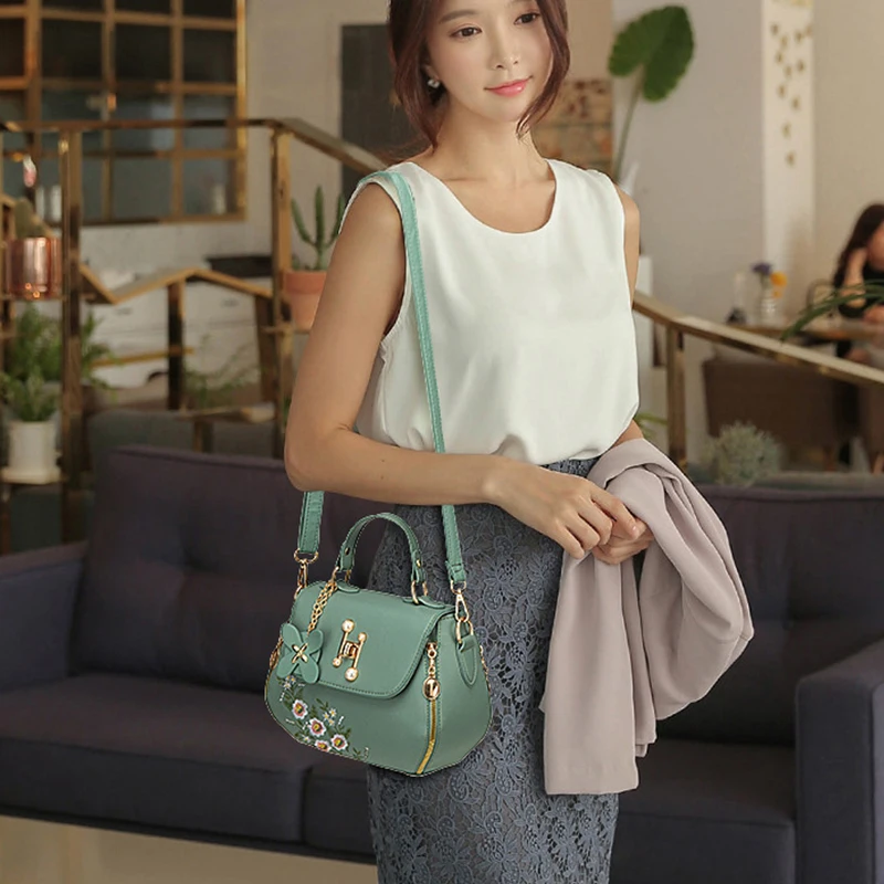 Women Embroidery Satchels Handbags Fashion Flap Top-handle Bags Portable Purse Tote Bags Trendy Shoulder Bag Crossbody Bag