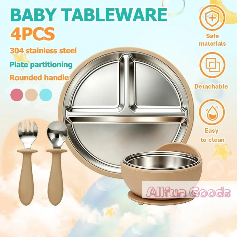 [TG835]Stainless Steel Baby Feeding Set Suction Cups Divided Plate Bowl Spoon Fork For Baby Led Weaning Toddlers Self Feeding