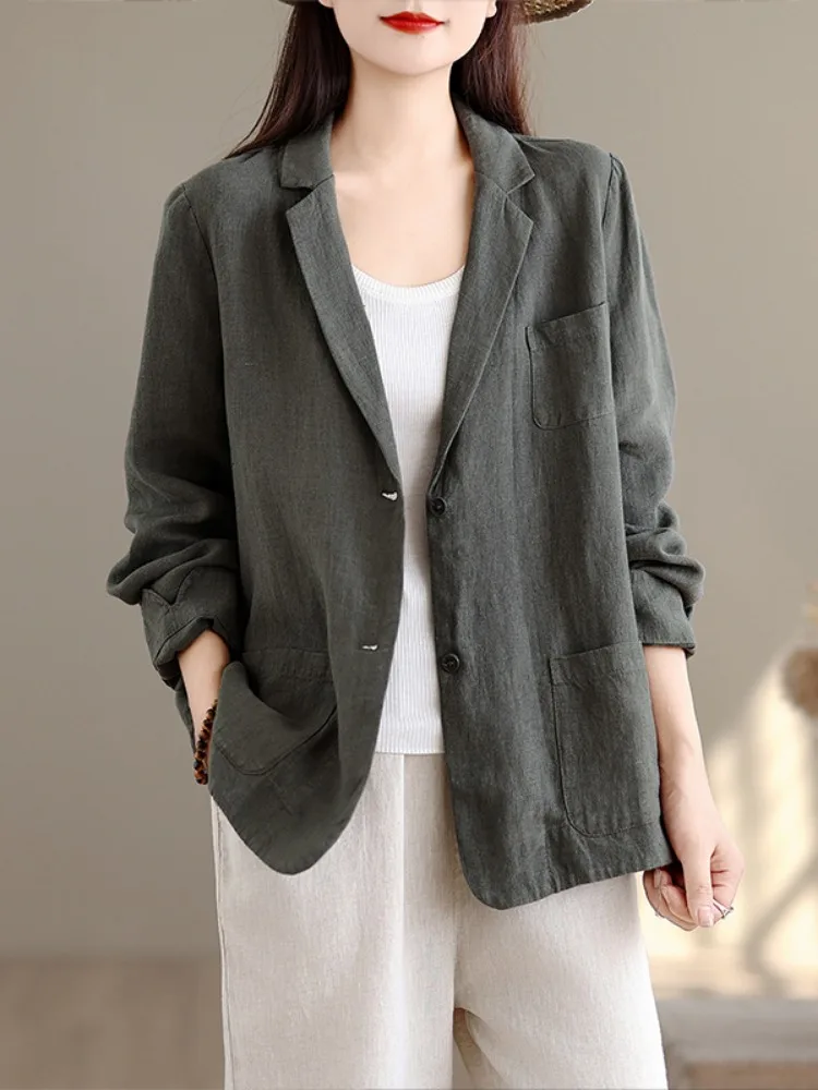 Retro Linen Suit Jacket Women's Autumn Commute Cardigan Long Sleeve Outerwear Anti-Aging Casual Style Pure Color Design