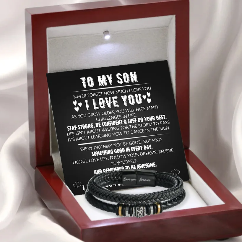 Pulsera de acero inoxidable para mi hijo, regalos para hijo de mamá y papá, regalo de cumpleaños para hijo, pulsera para hombre, caja de regalo con tarjeta de mensaje