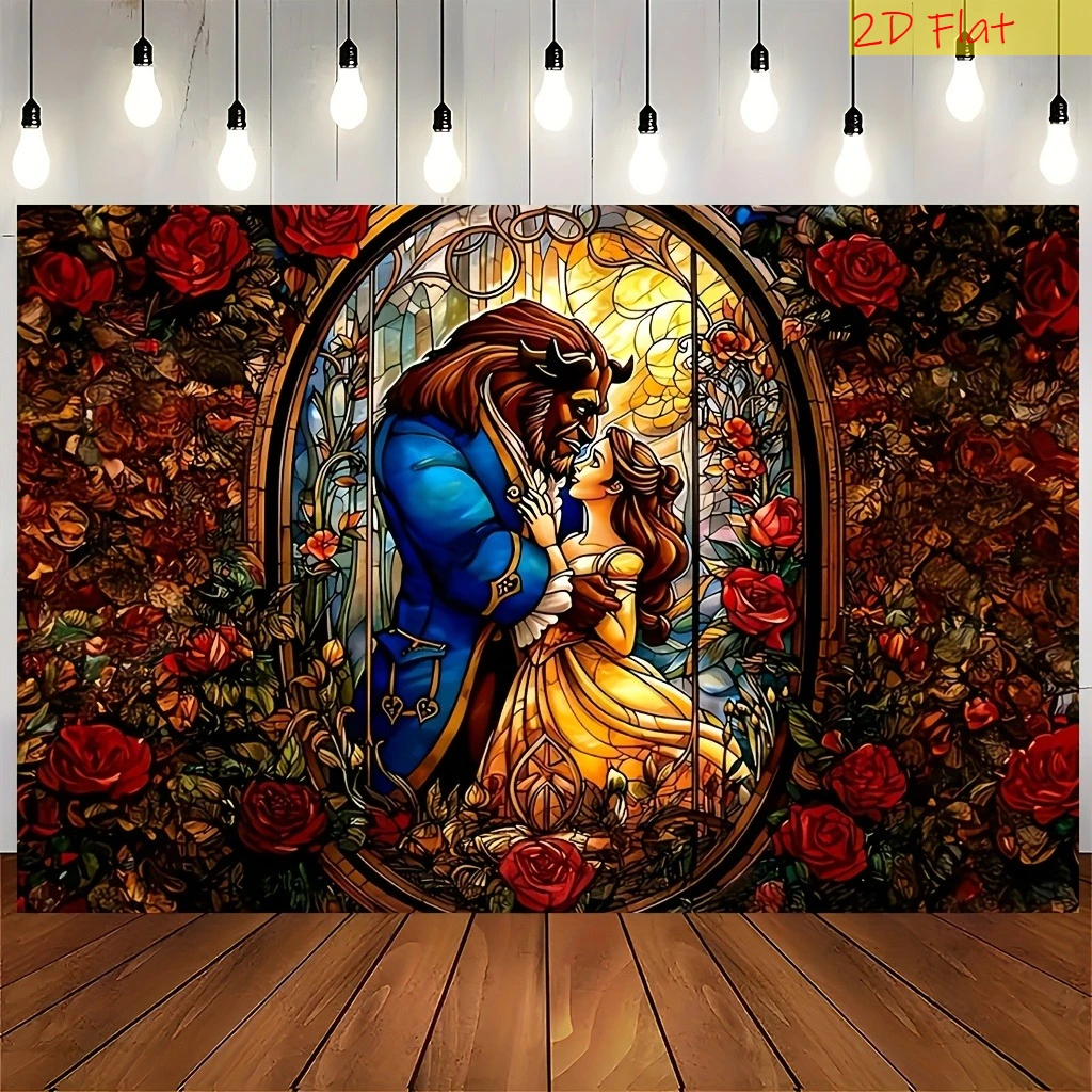 Plat 2D - Bannière plate 2D, La Belle et la Bête - Décoration de fête d'anniversaire et de mariage - Fond pour la maison et les événements