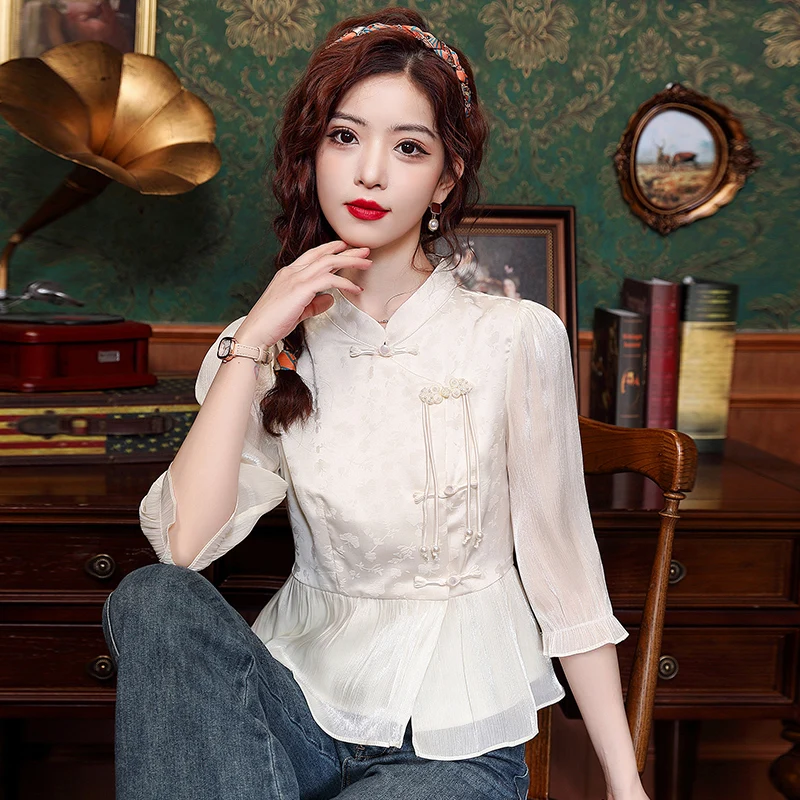 Summer Stand Collar Women Blouse Casual Chinese Style Chiffon Blouse Shirt Women Tops  Blusas Mujer De Moda 2024 Verano J206