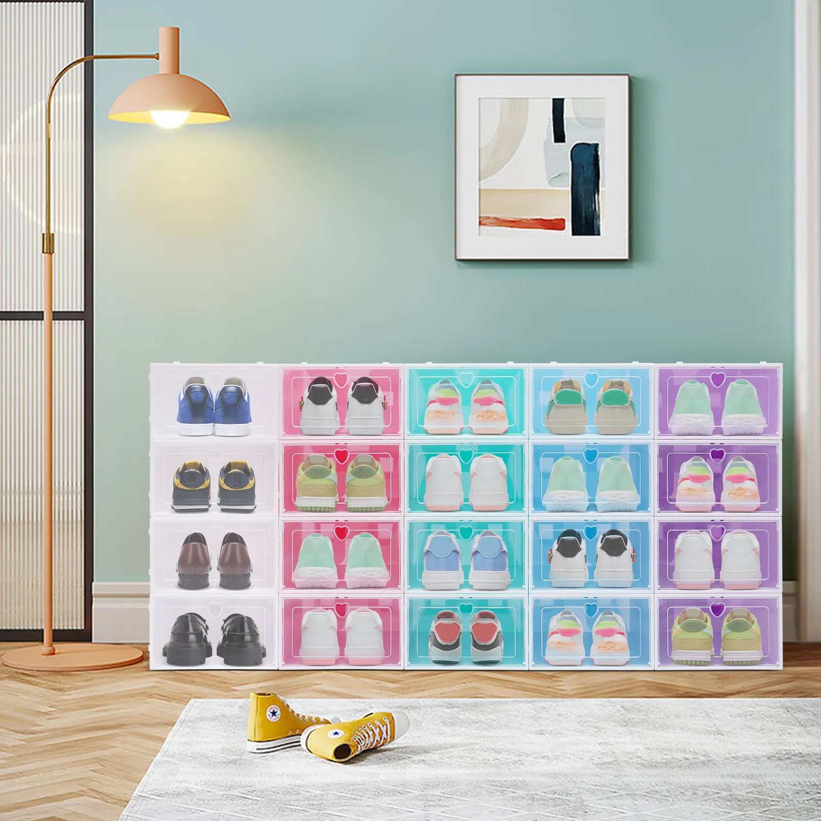 20er-Pack Transparente Schuhboxen, Harte Kunststoff-Schuhbox mit Deckel, Stapelbare Kunststoff-Schuhbox für Flache Schuhe, Sportschuhe, Farbig – Detail 4