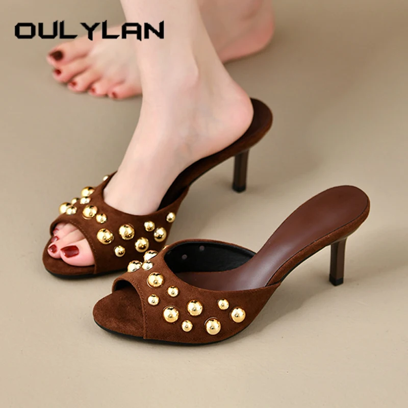 

Oulylan/летние пикантные женские тапочки на тонком высоком каблуке с заклепками и открытым носком, праздничное платье, элегантные однотонные туфли на высоком каблуке
