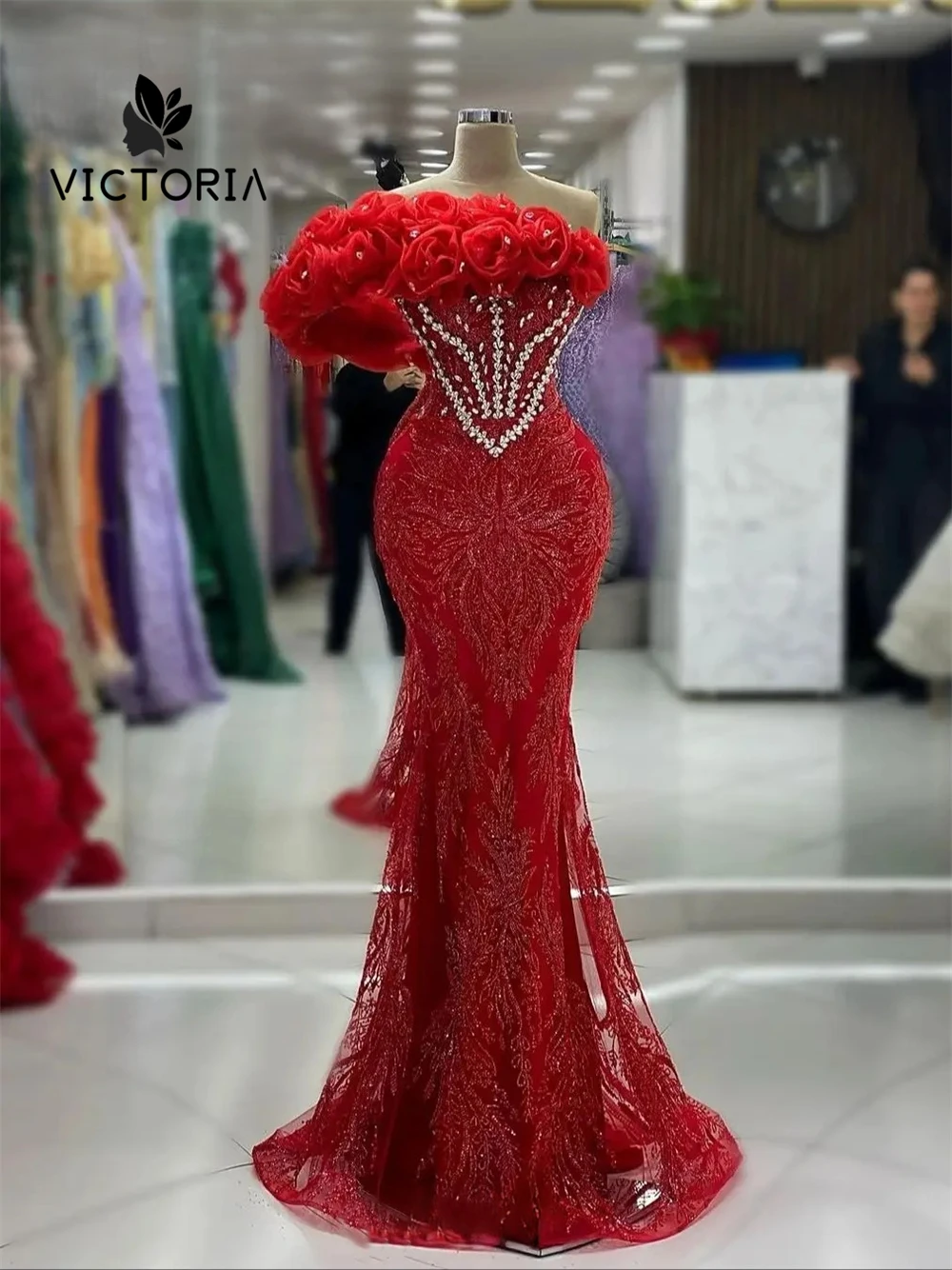

Distinctive Red Ruched Flower Evening Dresses Beaded Crystals Mermaid Arabic Wedding Party Gowns 2025 robes de soirée Customized