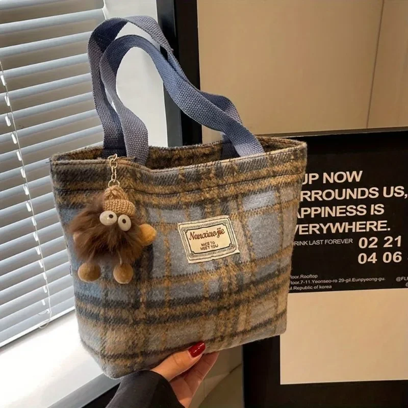 Schouderriemontwerp, elegante handtas met hanger, geruite schoudertas met twillstof met grote capaciteit, collegestijl