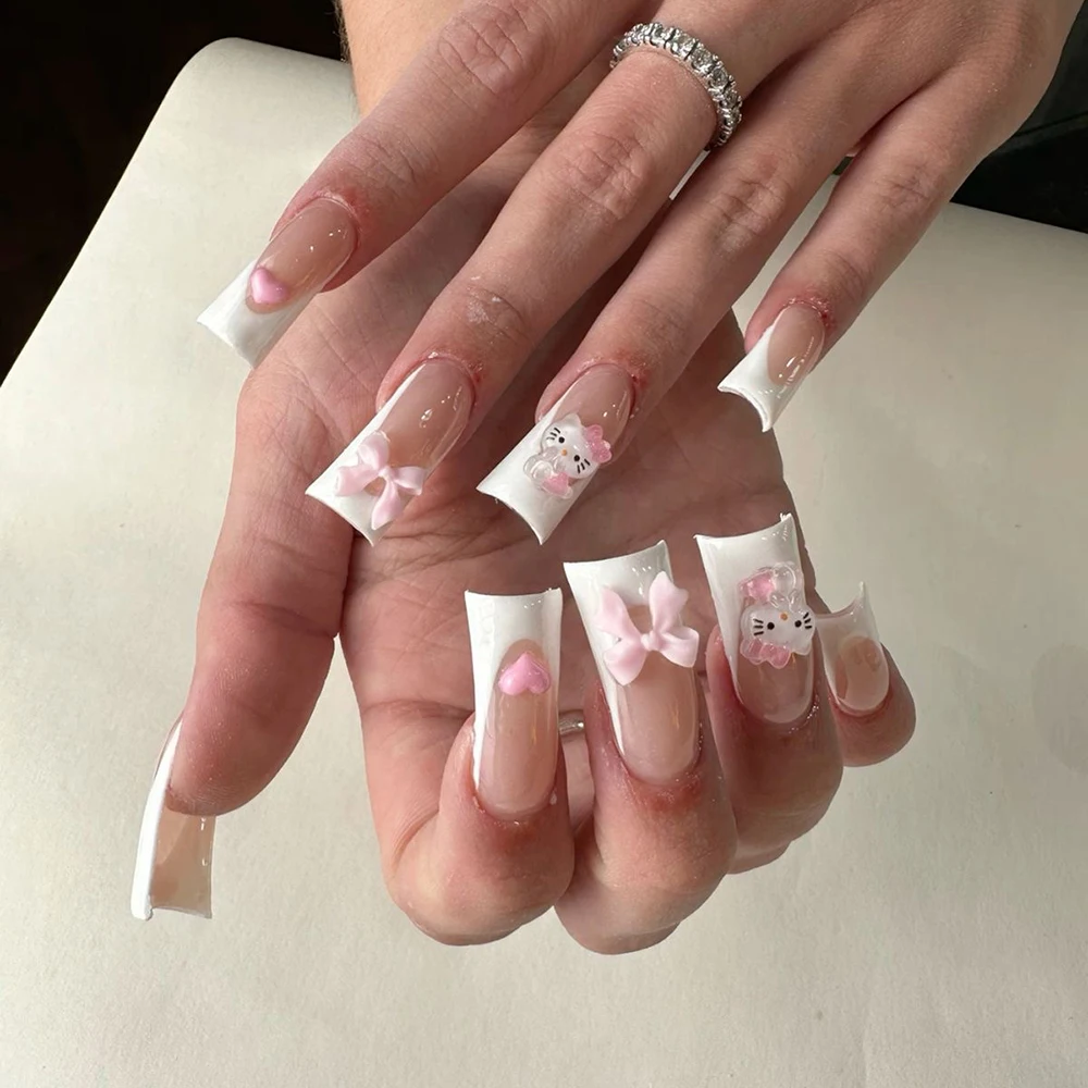 Pittig Meisje Y 2K Sanriod Hello Kitty Press Op Nagels Kunst Eendenbek Vierkant Roze Luipaard Zebra Print Aanpasbare Nagels Party Sticker