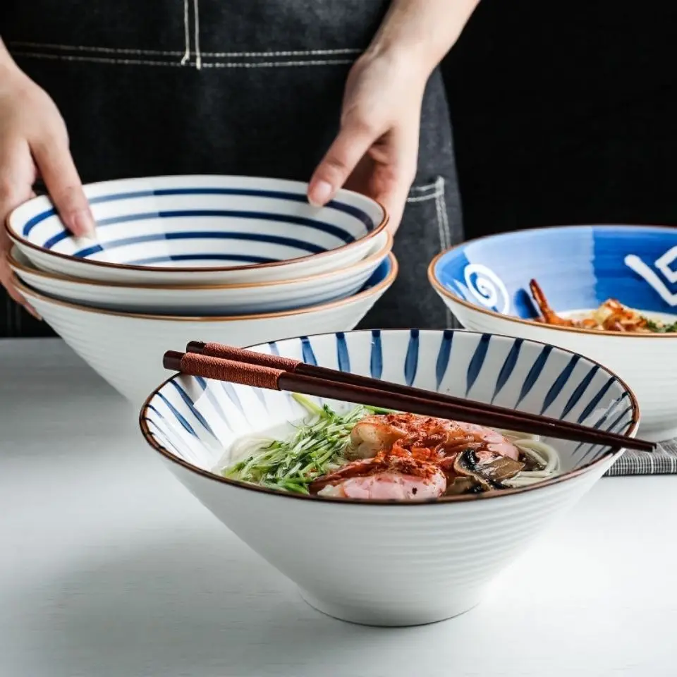 

1PC Japanese Ceramic Noodle Soup Large Bowl Household Beef Noodle Rice Bowl Retro Fruit Salad Tableware Kitchen Restaurant Hot