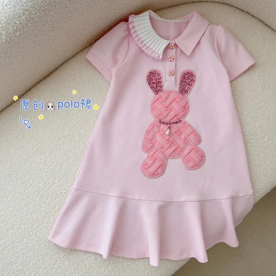 

Summer Pink Rabbit Polo Dress Lolita Child Girls Casual Midi Dress Children Dresses For Teens Party Princess Sundress