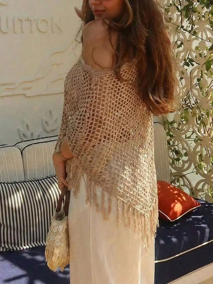 

Womens Crochet Fringe Trim Shawl Wrap For Beach Vacation Casual Style