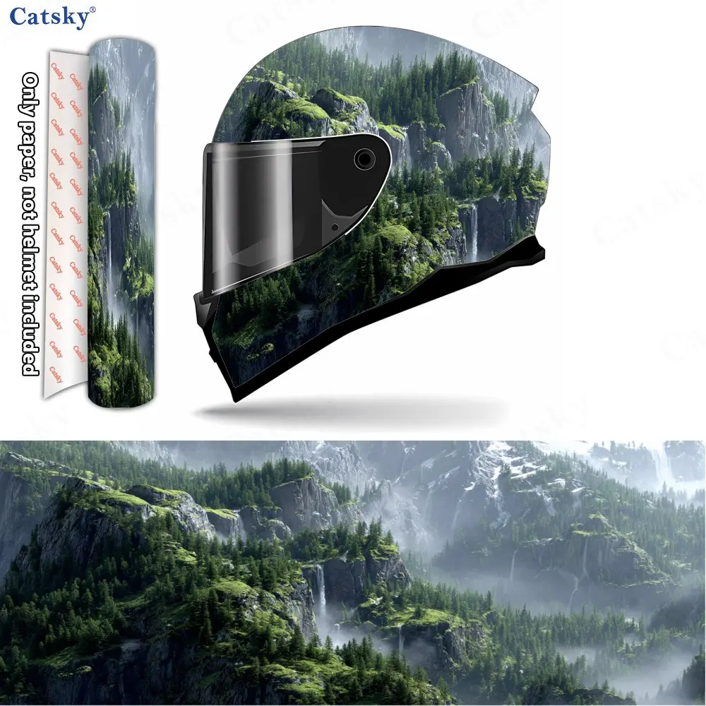 

Mountain Forest Waterfall Helmet Vinyl Wraps, Waterproof Scratch-Resistant Full Face Helmet Decals, Durable PVC Decoration Prote
