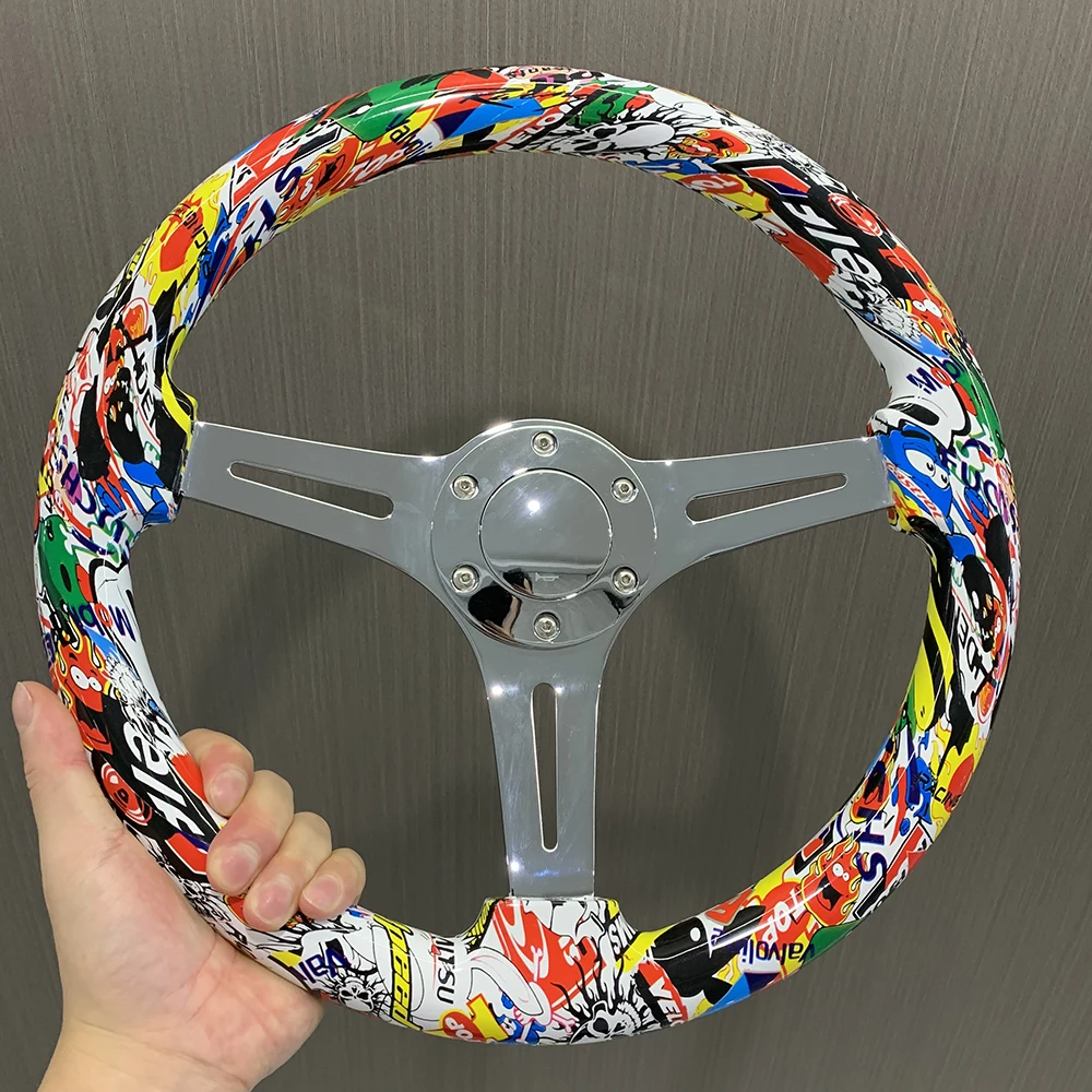 

350mm Universal Wood Racing Retro Classical Graffiti Style Sport Steering Wheel