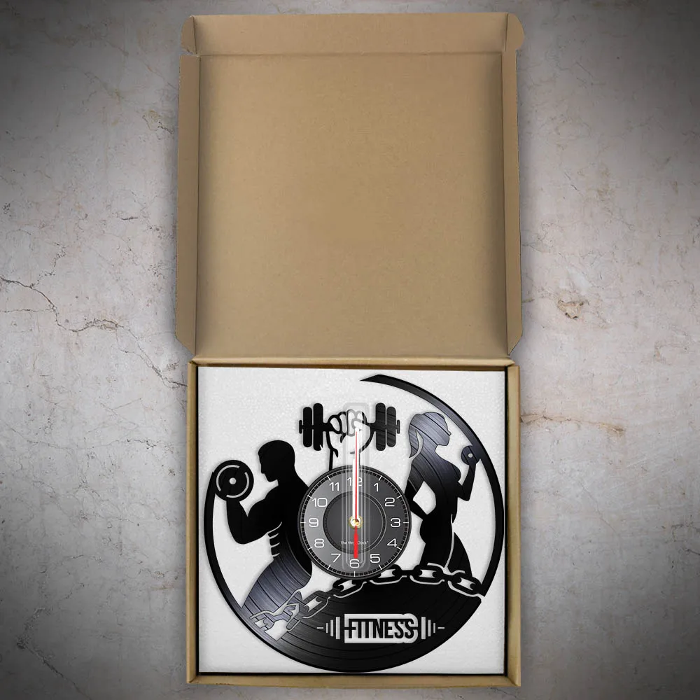 Fitness Vinyl Record Clock Sport Body Health Handmade Sports GYM Wall Art Bodybuilding Room Decor Dumbbell Vintage LP Wall Clock