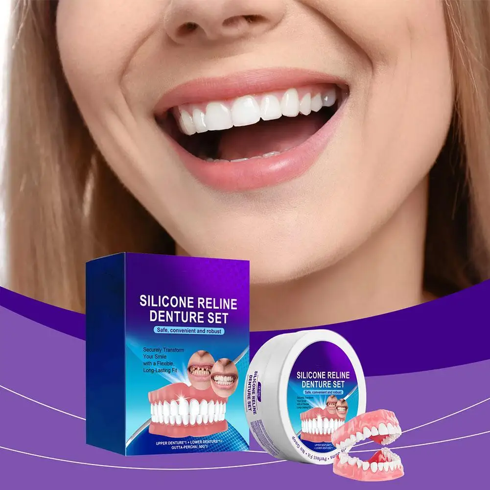Kit de dentaduras postizas ajustables, carillas de dientes en dientes, juego de dentaduras postizas de Reline de silicona, ajuste cómodo y instantáneo
