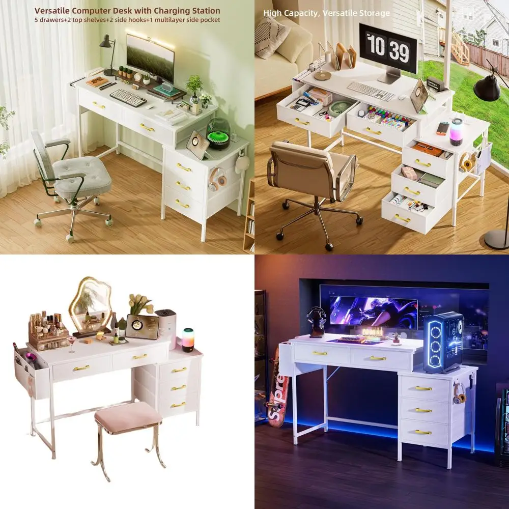 مكتب مكتب منزلي أبيض مع 5 أدراج، ومحطة شحن، وحامل طابعة للمساحات المدمجة