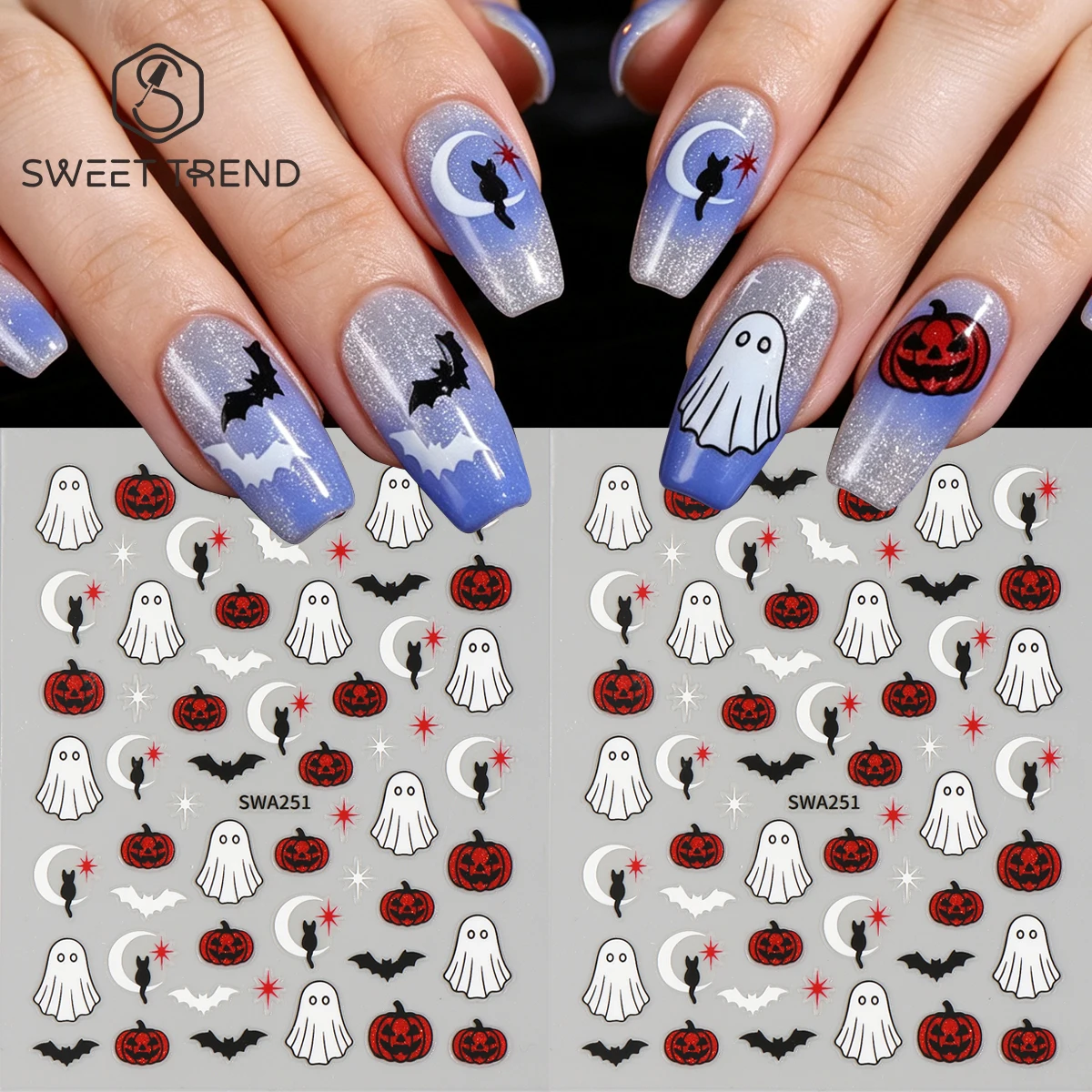 2pcs Shimmer Halloween Ghost Nail Art Stickers Black Cat Moon Bat Star Adhesive Decal Glitter Gothic Holiday Theme Manicure Tips