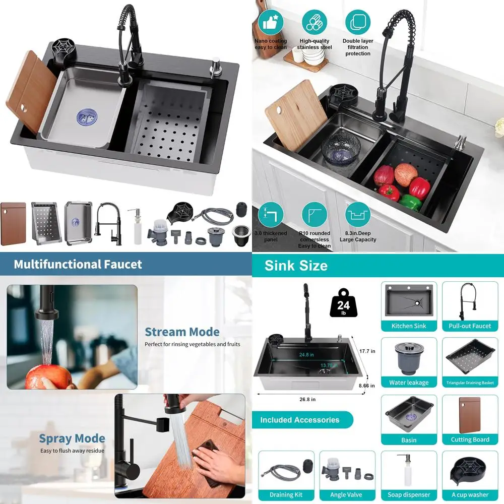 

Stainless Steel Single Bowl Kitchen Sink with Pull-Down Faucet, Multifunctional Drop-In Design for Versatile Use