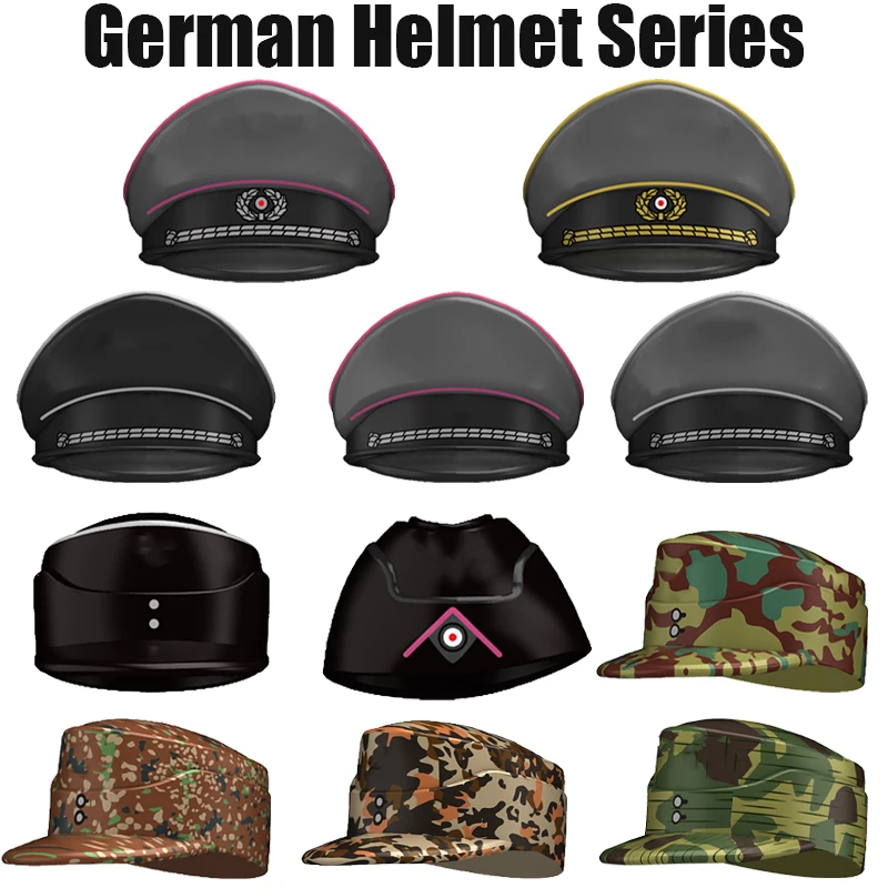 

Серия шлемов немецкого военного офицера времен Второй мировой войны, строительные блоки, армейские фигурки солдат Второй мировой войны, кепка, шляпа, аксессуары, кирпичи воина, игрушки для мальчиков