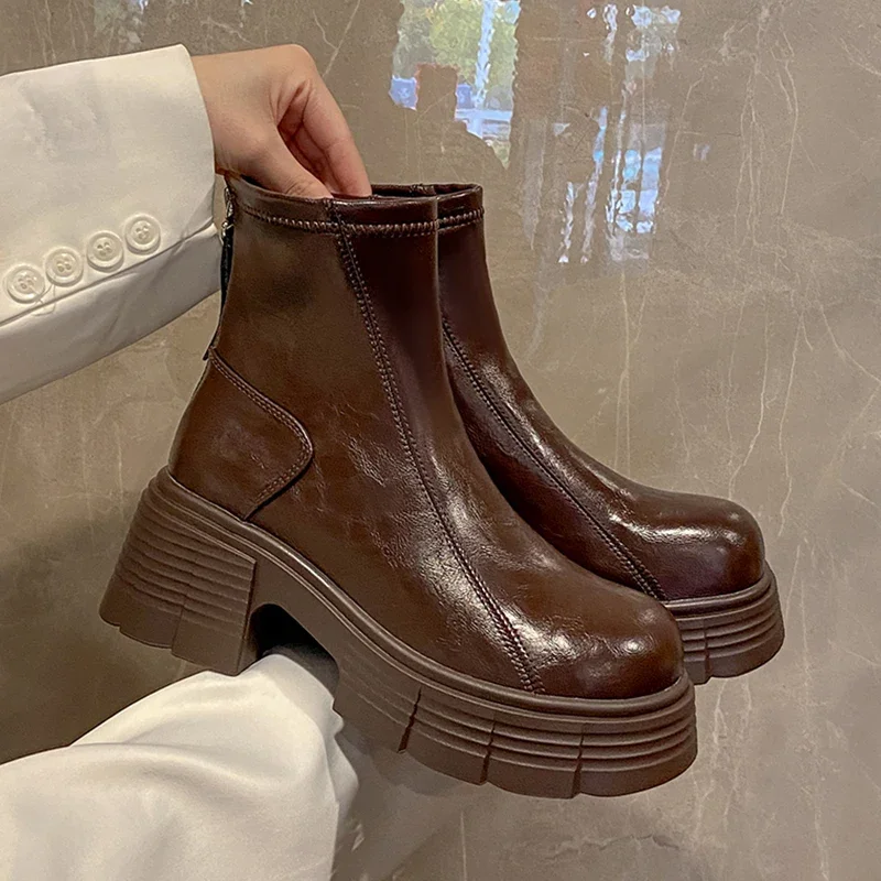 

High Heels Ankle Boots Women Designer Platform Shoes 2025 New Winter Chelsea Boots Walking Retro Trend Fashion Mujer Snow Botas