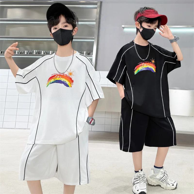 

Korean Style Kids Rainbow Printed Summer Cotton Suit for Boy 7 8 9 10 11 12 13 14Years Old Children Top+Bottom 2pc Clothes Sets