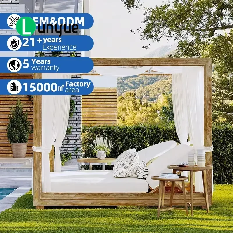 Teak Wood Double Sofa Bed Outdoor Furniture High End Sunbed for Hotel Poolside Lounge Garden Patio Waterproof Durable
