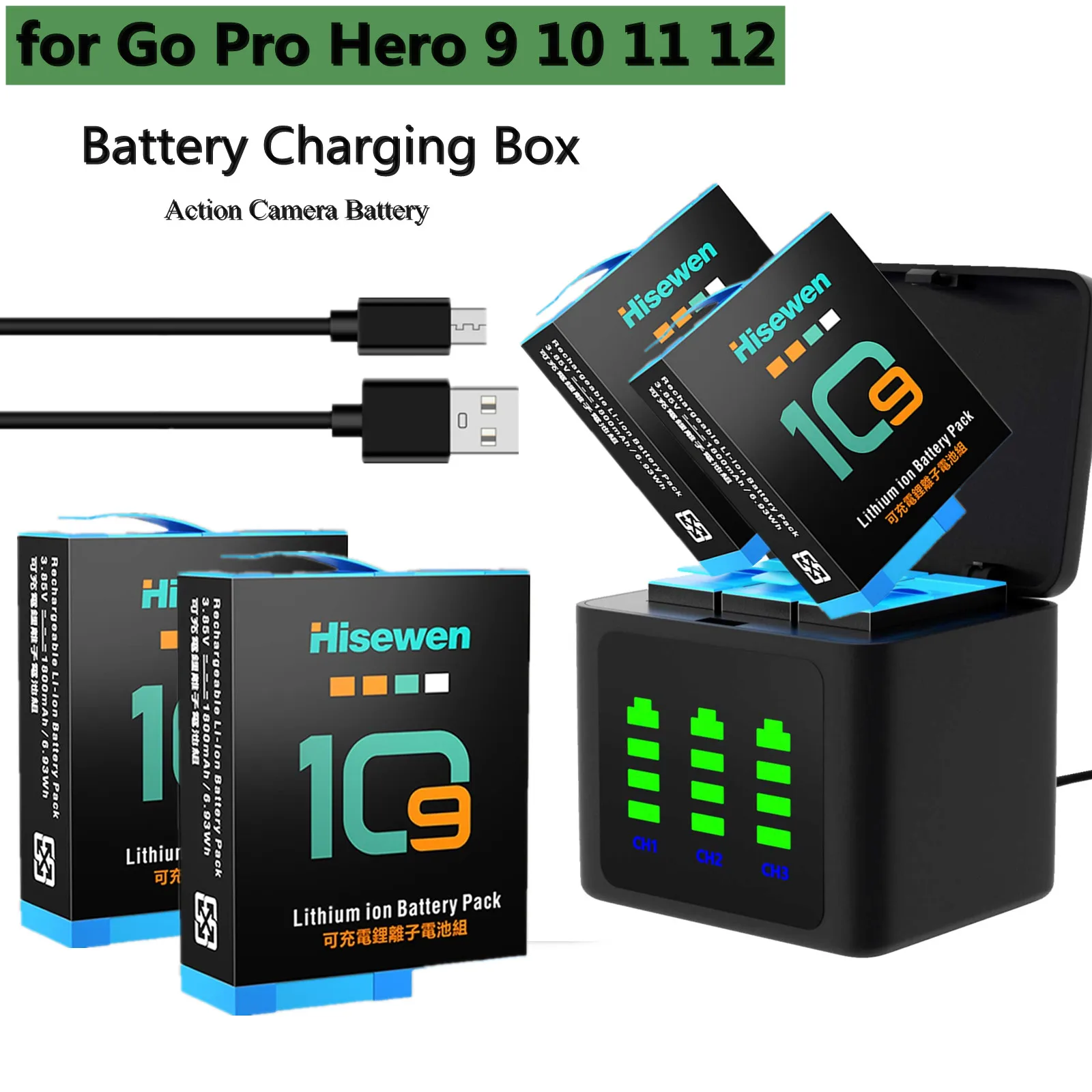 1800mAh Gopro 10 Battery for GoPro Hero 12 Hero 11 10 9+3 Ways Fast Charger Box for GoPro Hero Action Camera Accessories