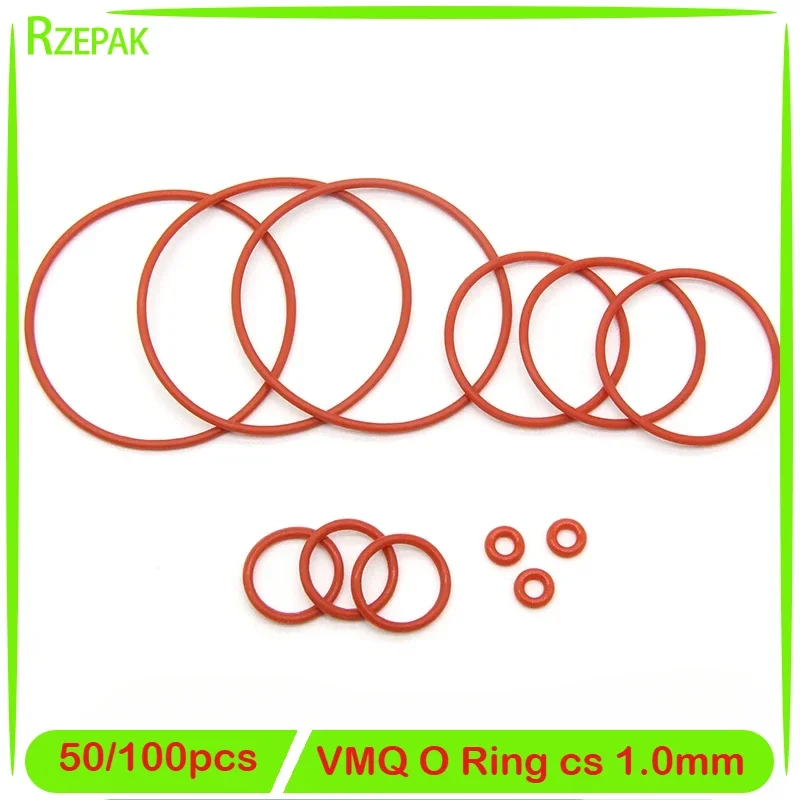 50/100pcs VMQ O Ring Gasket Thickness CS 1mm OD 3 ~ 50mm Red Waterproof Washer Round O Shape Food Grade Silicone Ring