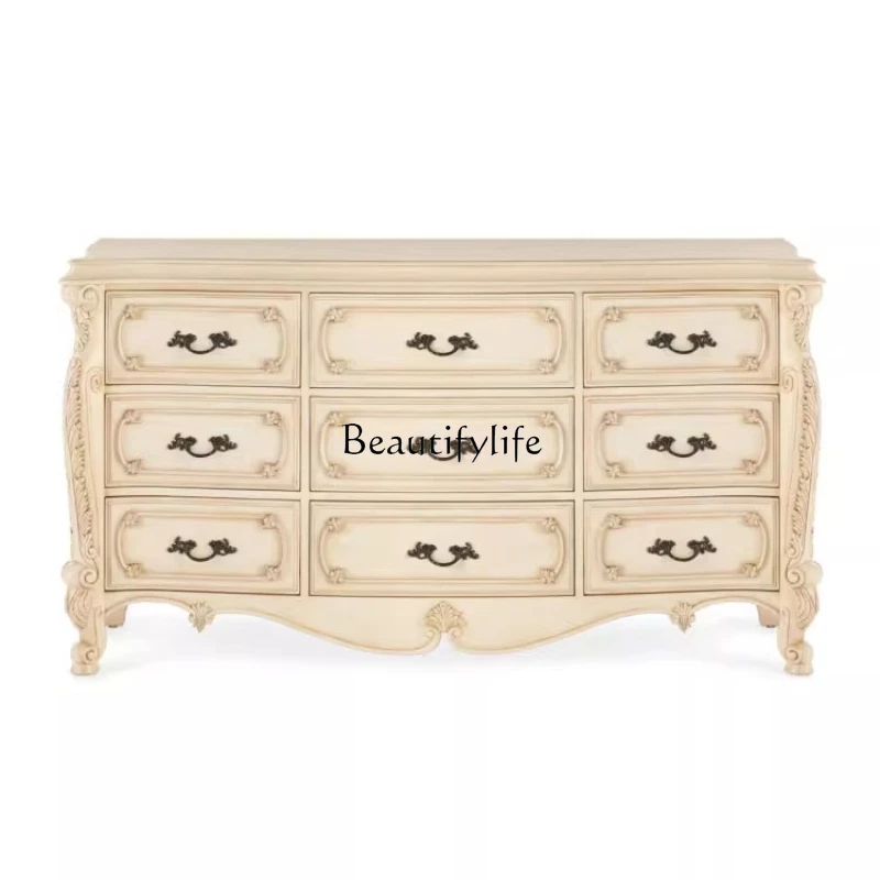 

American country storage locker retro solid wood 9 chest cabinet, bedroom oak engraving