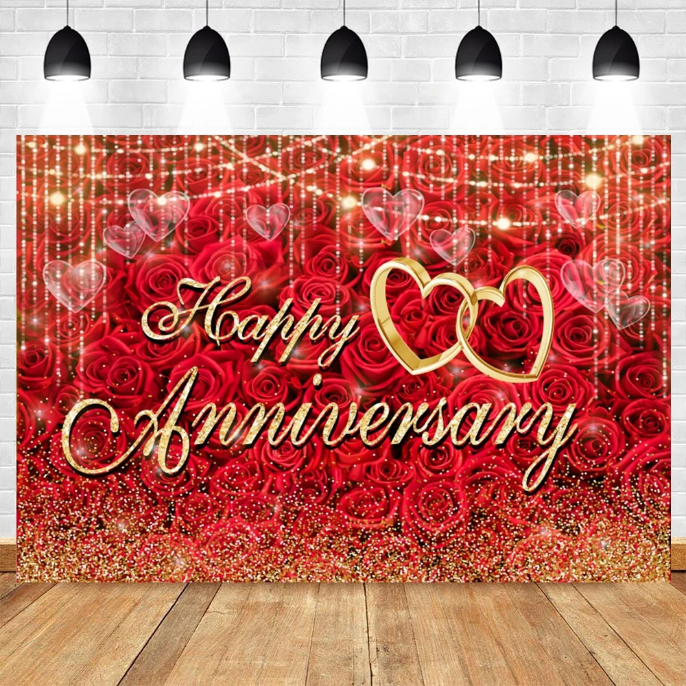 Happy Anniversary Backdrop For Photography Gold Balloon Glitter Love Heart Wedding Birthday Party Bridal Shower Photo Background