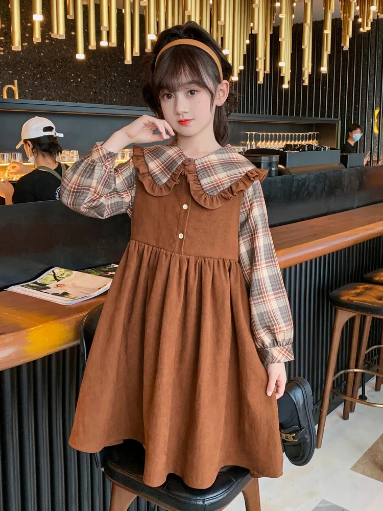 

Girls' Dress2025New Long Sleeve Spring and Autumn Style for Older Children Fake Two-Piece
