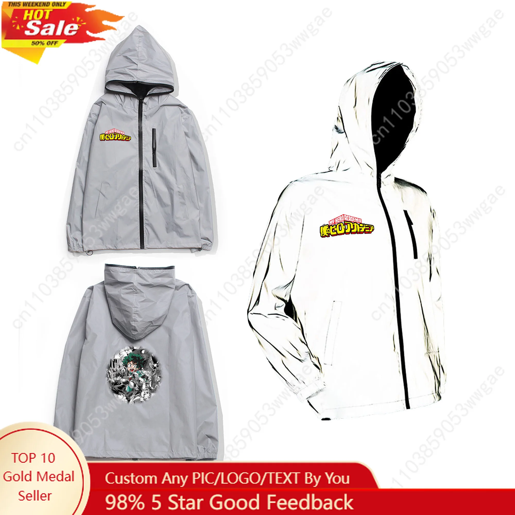 

My Hero Academia Reflective Jacket Mens Womens Coat Hooded Windbreaker Run Pocket Jacket Cycling Hiking Zipper Customized Hoodie