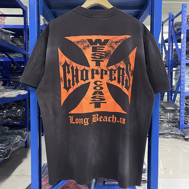 West Coast Choppers Men's Short Sleeve Orange Cross Print Vintage Washed Distressed Sanding T-Shirt