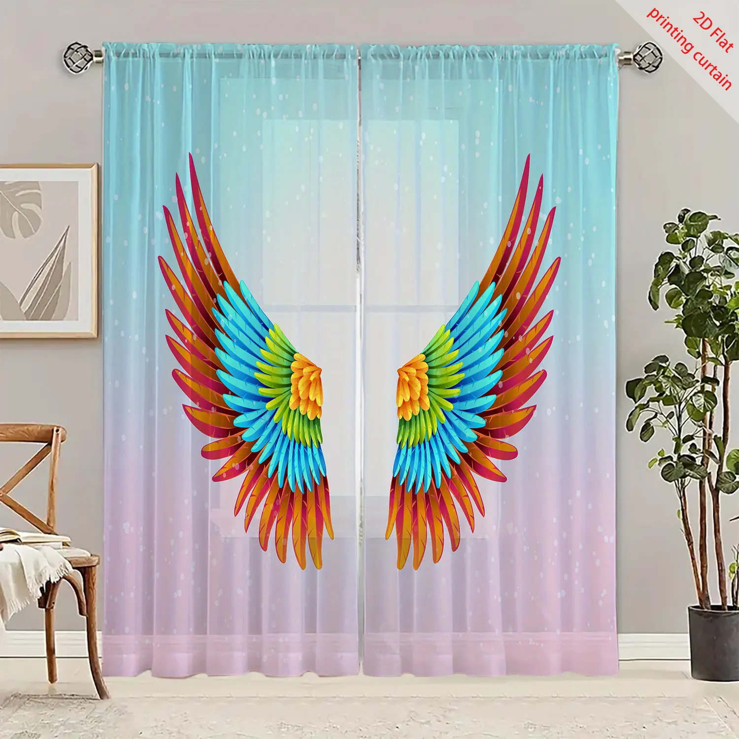 Pink Wing Pattern Printed Gauze Curtain Transparent Home Decorative Curtain for Office Dormitory Living Room Balcony