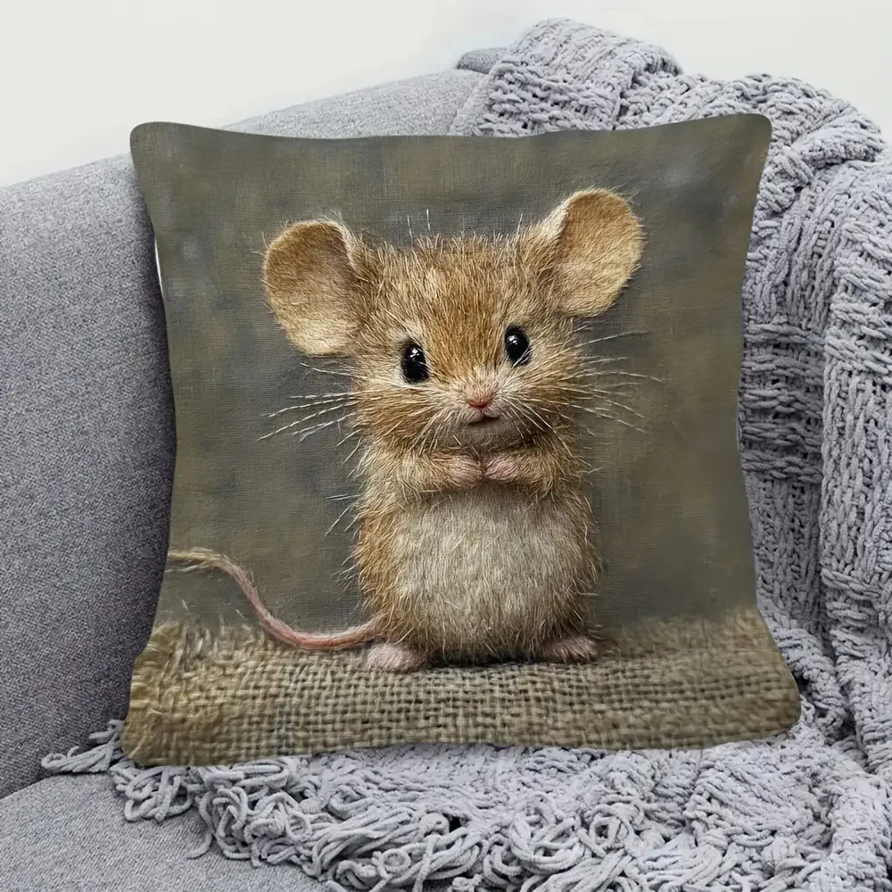 1pc 2D Flat Pillow Not Included Cute Mouse Standing Burlap Texture Cushion Cover Plush Animal Print Sofa Decor Gift Case