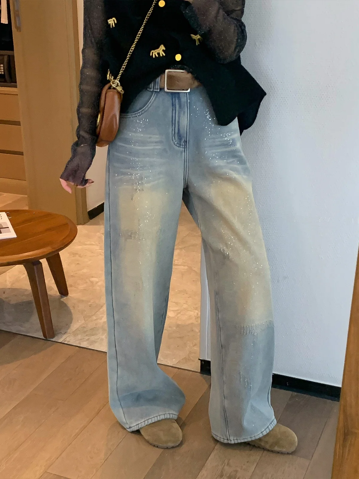 

Love Devil Fi iny Sequin Blue Waed Wide Leg Jeans Women's Spring New Loose Floor-Length Pants High Waist Commute Sle