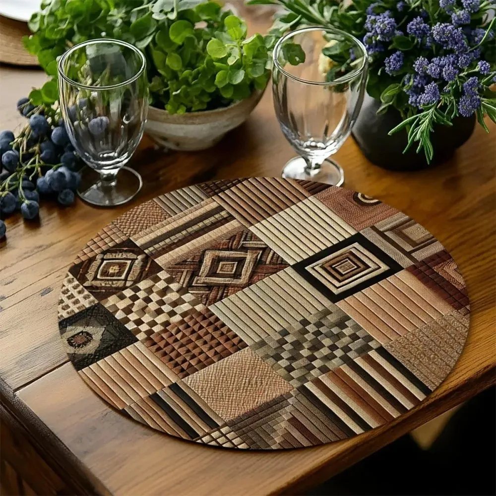VIKAMA Boho Geometric Patchwork Round Placemats Set of 4 Tribal Brown Table Mats for Dining Table Decor Farmhouse Gathering