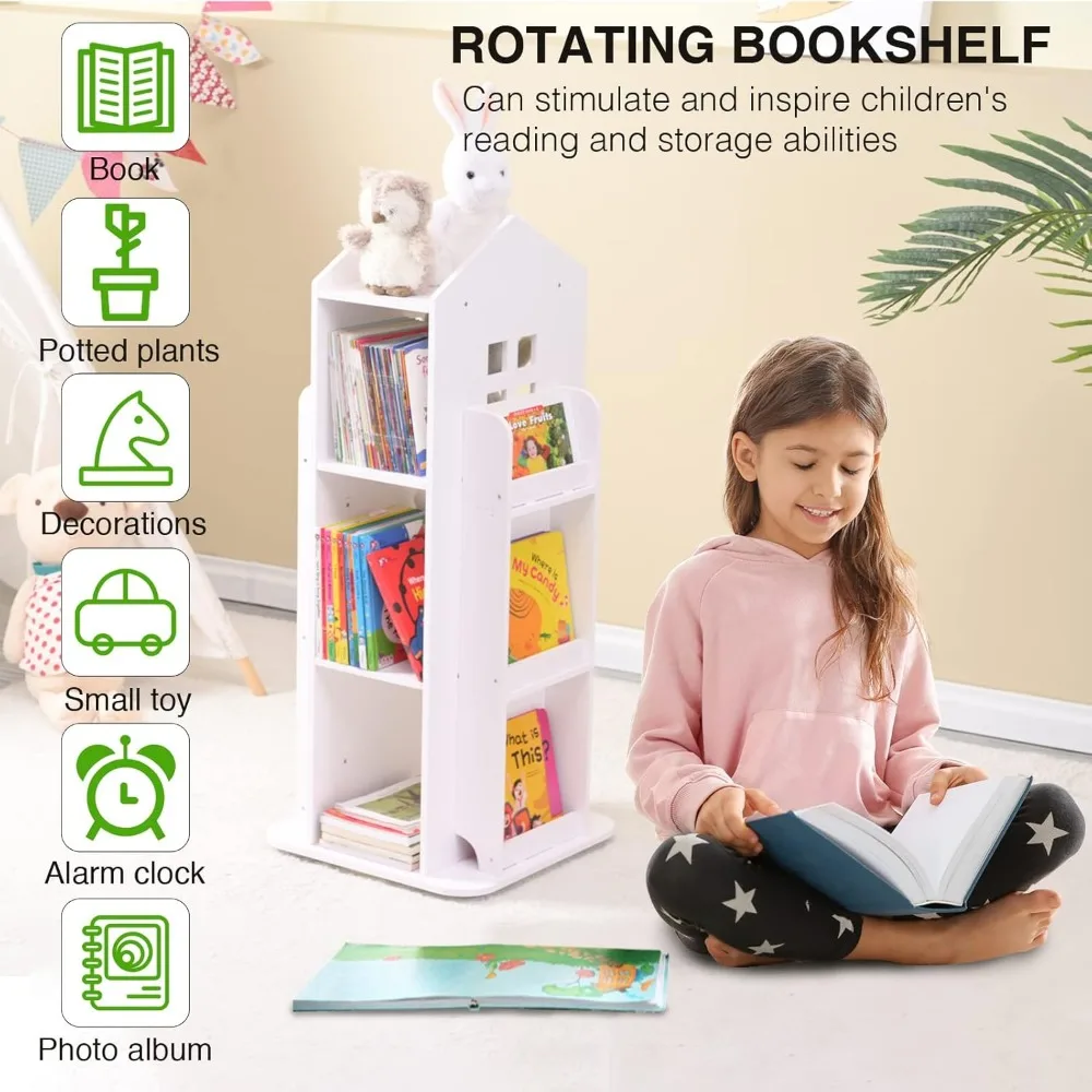 Bookshelf,360 Degree Rotating Display Rotating Bookcase Storage Rack for Kids & Adults Multifunctional Rotating Bookshelf,White