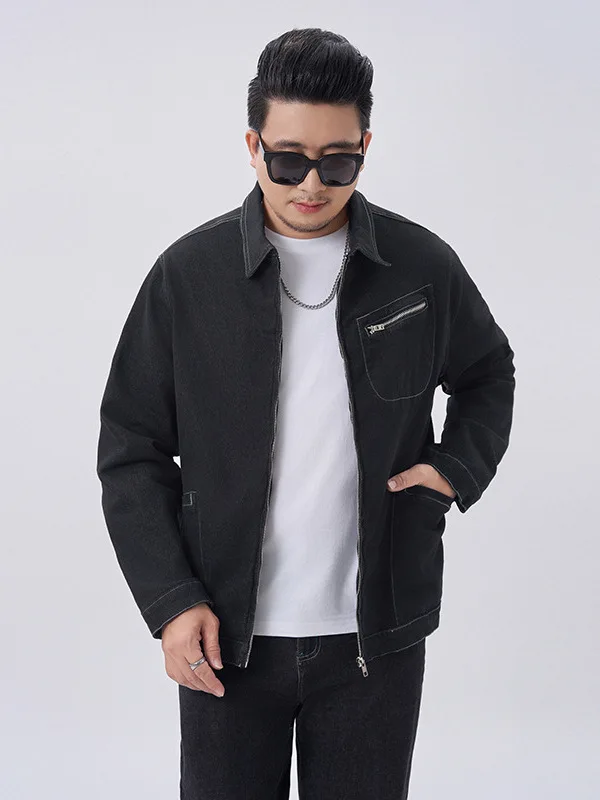 FENROOST Men's Plus Size Black Denim Jacket Loose Stretch Turn Down Collar Vintage Zip Up Jean Coat Outerwear Daily Streetwear