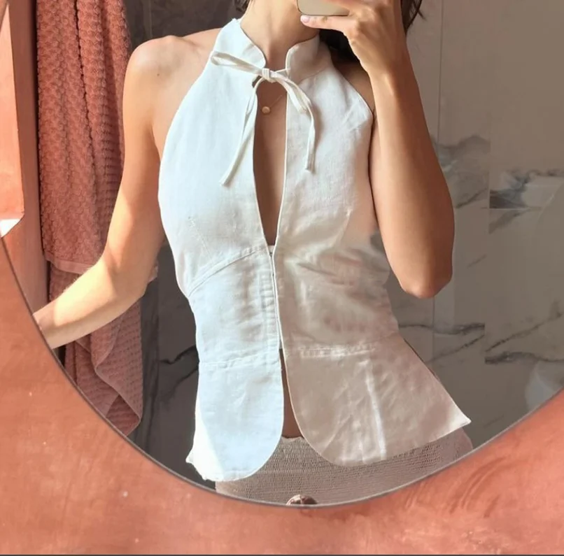 Women's Top 2026 Spring Summer New Solid Color Stand Collar Sleevelss Backless Lace Up Casual Versatile Daily Basic Vest