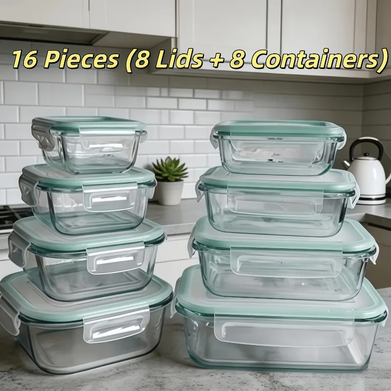 16 PCS(8 Lids+8 Containers) Sealed Glass Food Storage Box, For Salads, Fruits, Vegetables Sandwiches Lunch Microwave Food Box