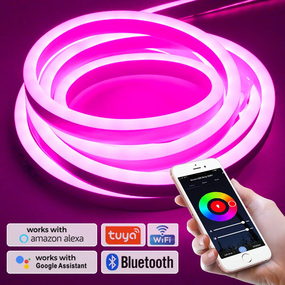 

220V EU LED Neon Strip RGB Neon Rope Light IP67 Smart Ribbon Tape Flexible LED Neon Sign Lamp 5050 1-100m Remote Bluetooth WiFi