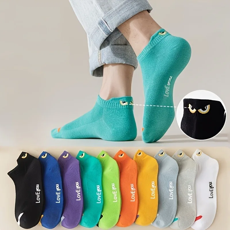 10 Pairs Fashion Mesh Summer Cute Cartoon Eyes Embroidered Sweat Absorbent Breathable Men Low Cut Ankle Knitted Boat Socks