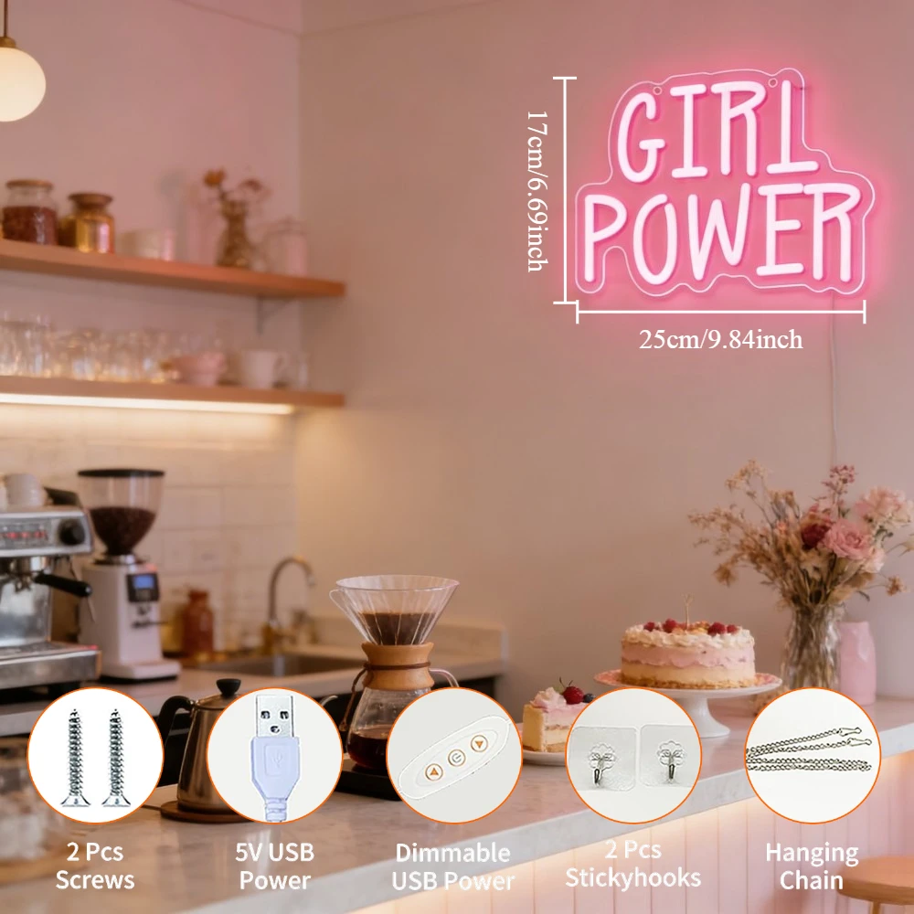 Girl Power Pink LED Neon Light USB Neon Sign Dimmable for Bedroom Decor Beauty Salon Makeup Room Girls Wall Art Feminine Gift
