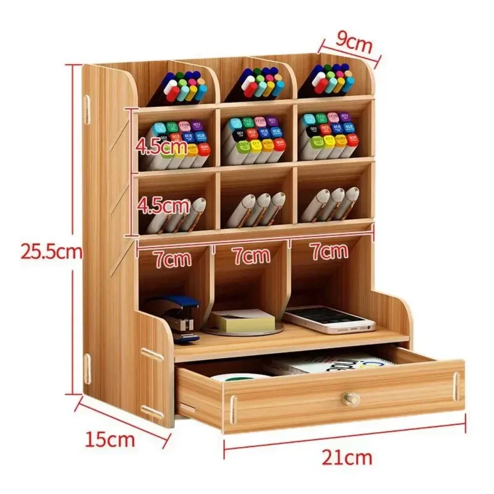 1pc Wooden Desk Organizer Student Stationery Storage Box For Cosmetics School Office And Home Large-Capacity Storage Pen Holder