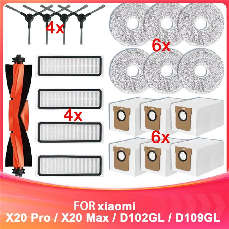KYCOR-2 مجموعة لشاومي روبوت فراغ X20 Pro / X20 Max / D102GL / D109GL فرشاة جانبية رئيسية فلتر Hepa ممسحة وسادة كيس لجميع الغبار