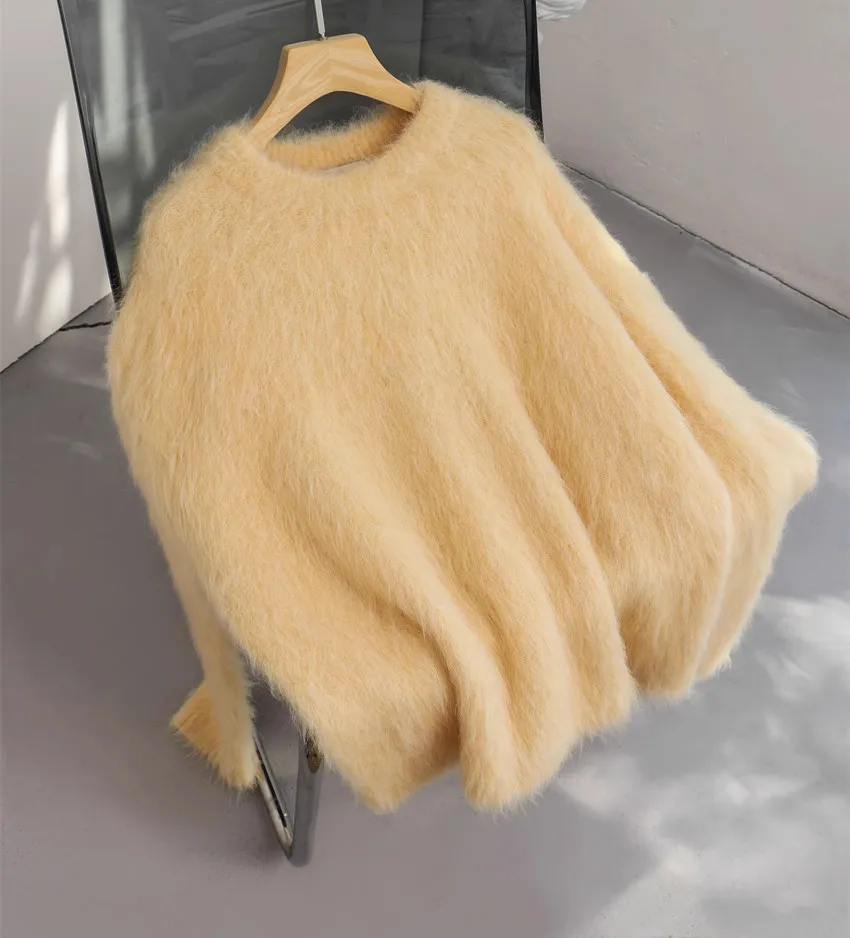 2024 New Fashion Oversize Autumn Winter Yellow Soft Mohair Sweaters Jumper Lazy Women O Neck Thick Knitted Warm Loose Pullover