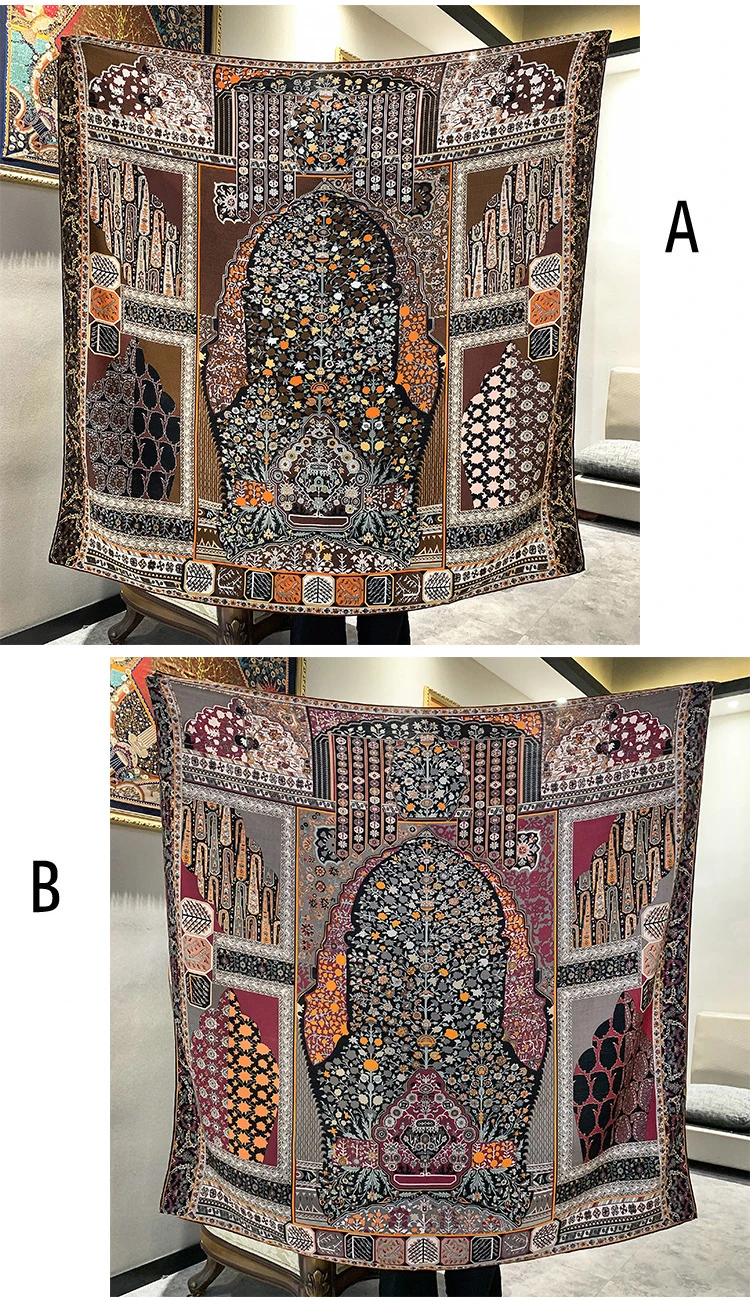 Mulberry Silk Scarf 135CM Double Sided Large Square Wool Scarves Wraps Hand Rolled Foulards Femme Reversible Bandanas Hijab